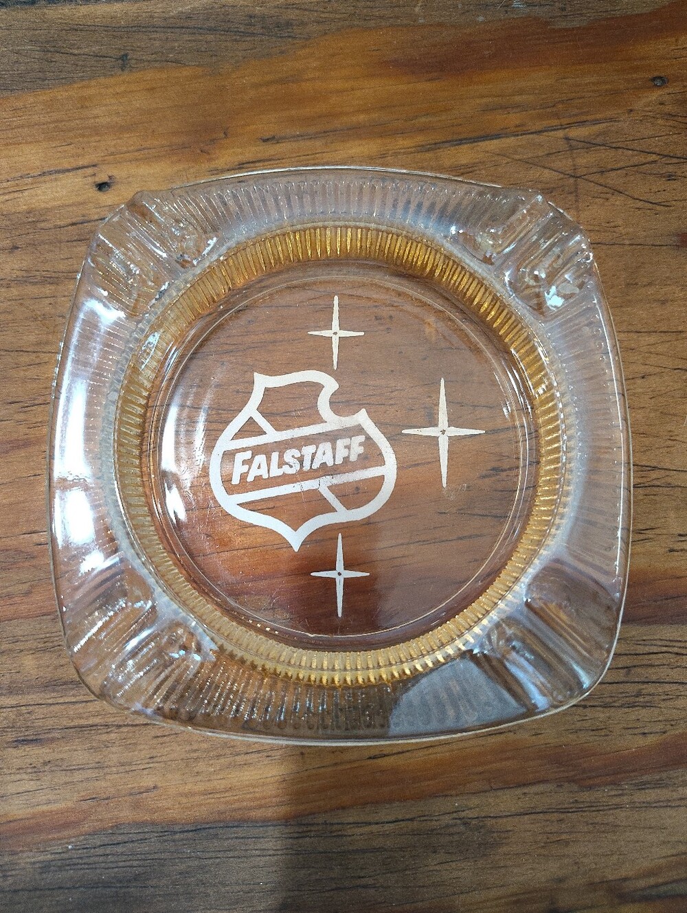 Vintage Falstaff Beer Amber Glass Ashtray 4" Shield Logo Advertising